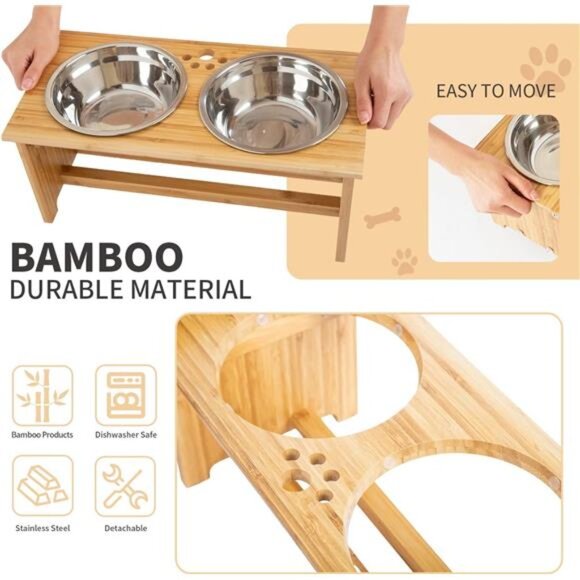 Raised Pet Bowls for Cats and Small Dogs, Bamboo Elevated Dog Cat Food Bowls - Picture 4 of 7
